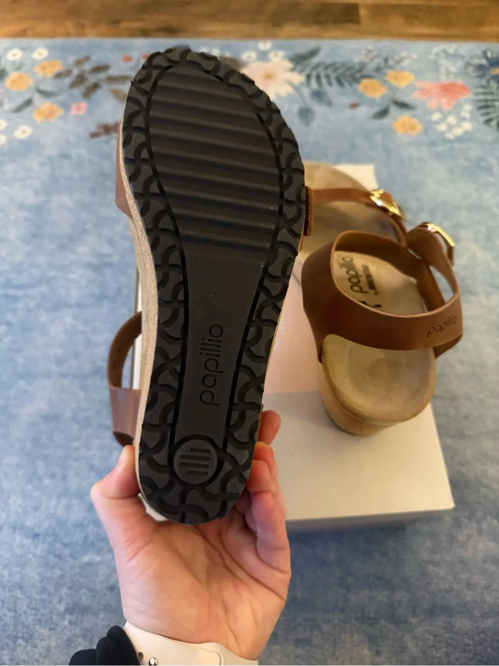 NWT Birkenstock Soley Wedge Sandal in Cognac Brown with Gold Buckles